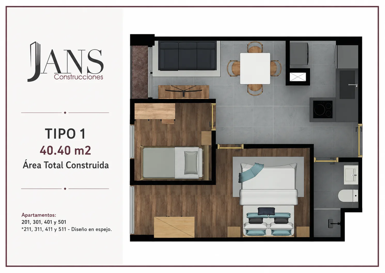 Plano apartamento TIPO 1 de 40.40m2 - Edificio JANS 5