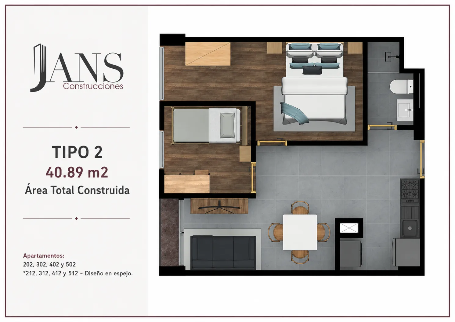 Plano apartamento TIPO 2 de 40.89m2 - Edificio JANS 5