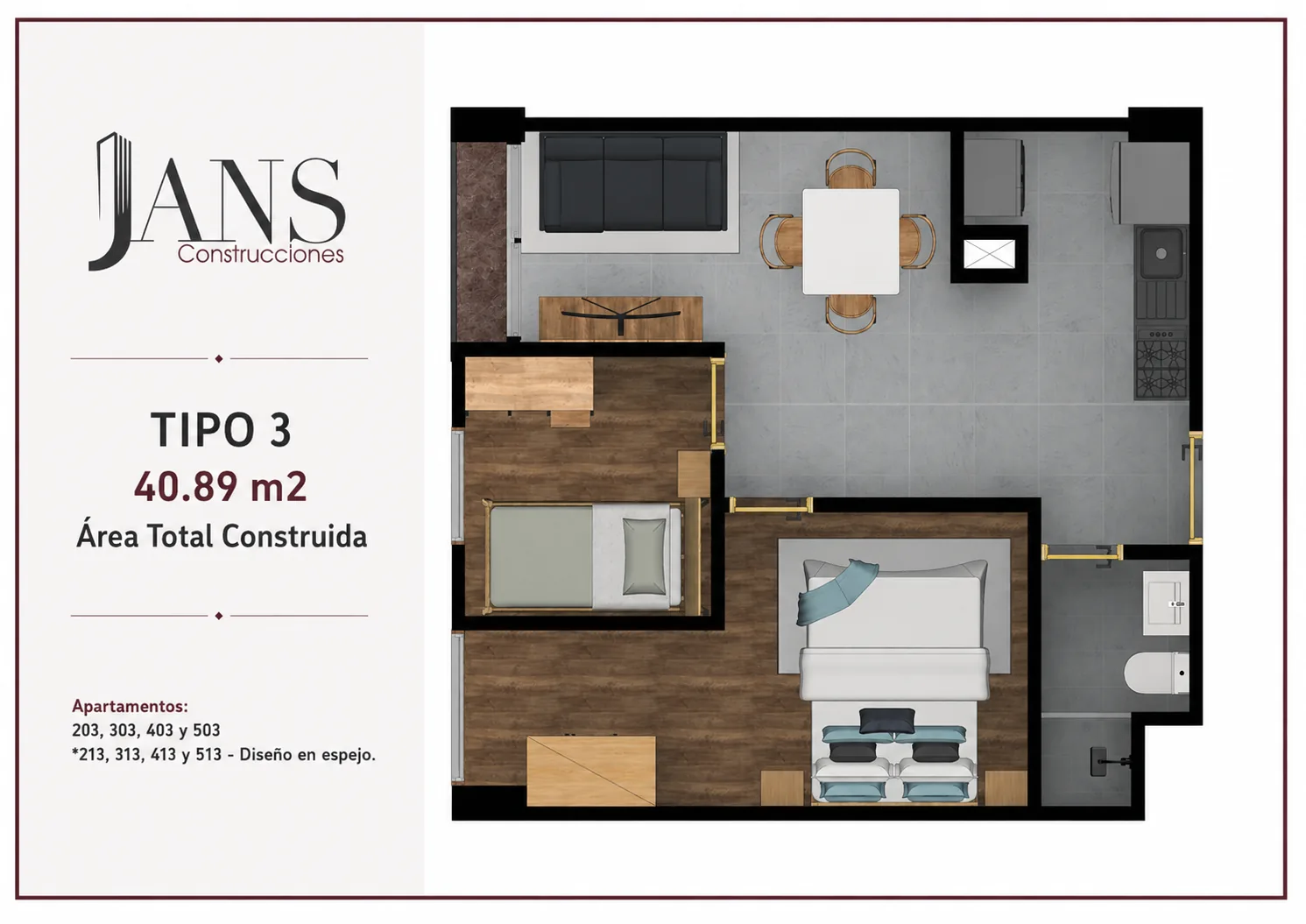 Plano apartamento TIPO 3 de 40.89m2 - Edificio JANS 5