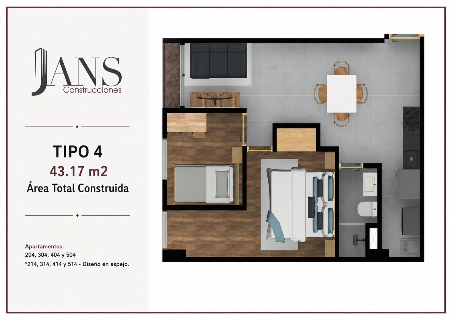 Plano apartamento TIPO 4 de 43.17m2 - Edificio JANS 5