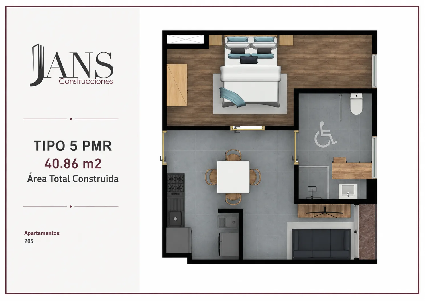 Plano apartamento TIPO 5 PMR de 40.86m2 - Edificio JANS 5