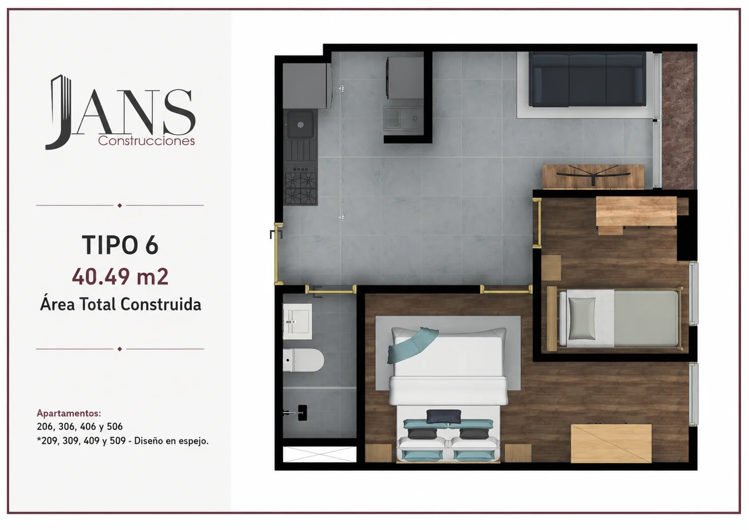 Plano apartamento TIPO 6 de 40.49m2 - Edificio JANS 5