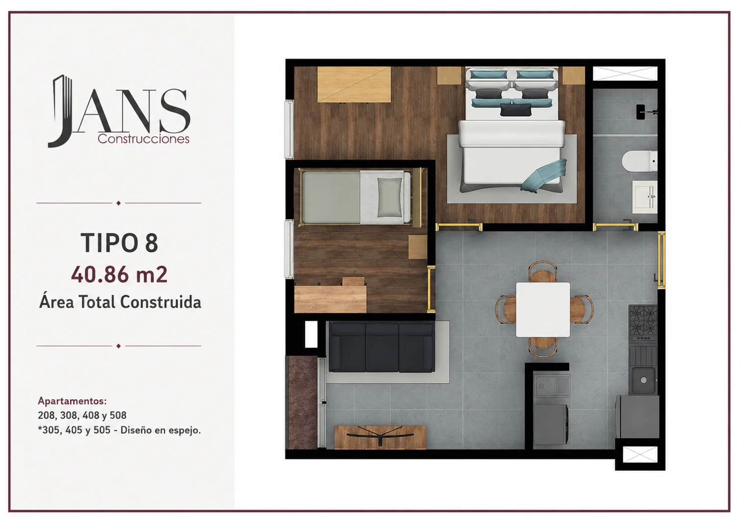 Plano apartamento TIPO 8 de 40.86m2 - Edificio JANS 5